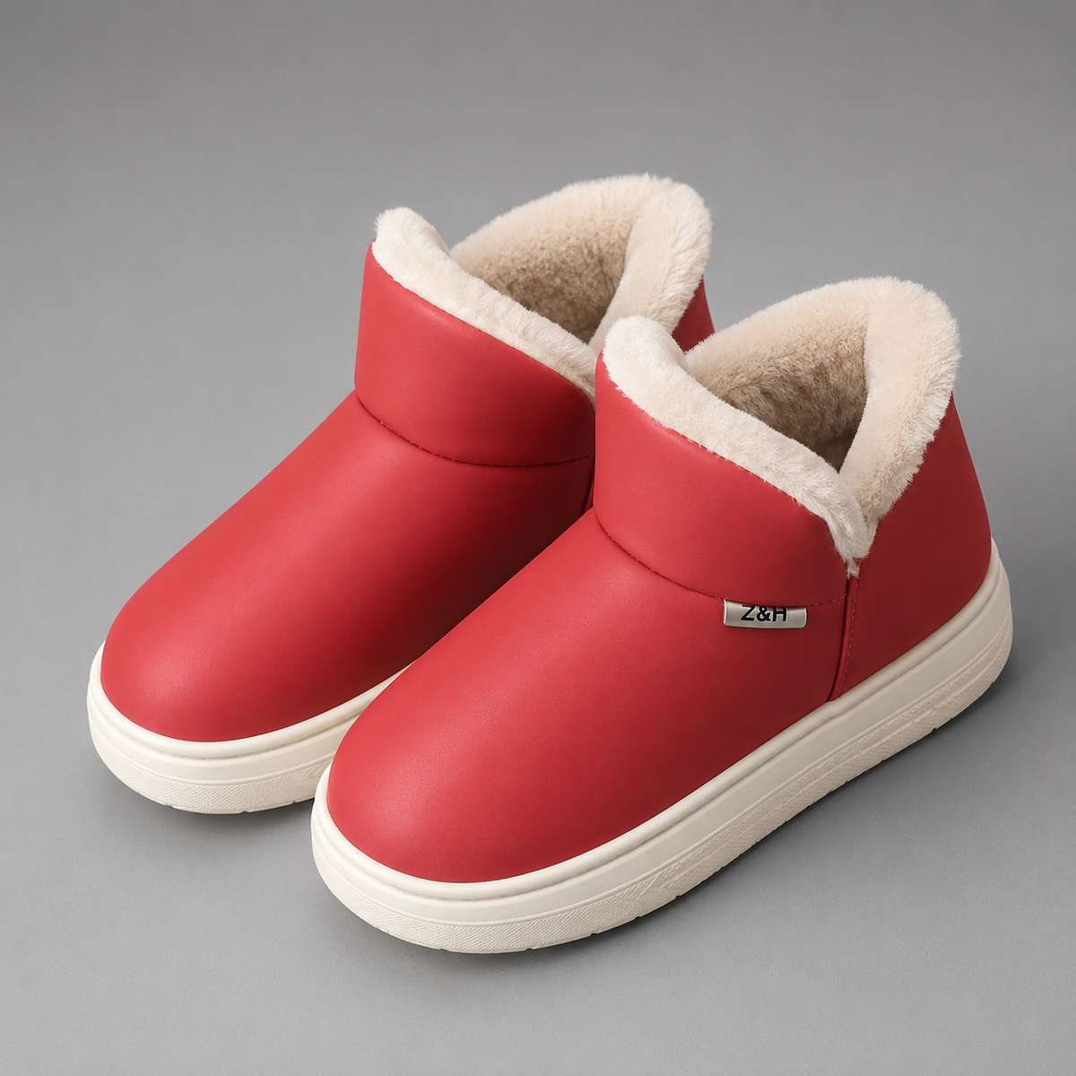 Women’s knee-high wedge snow boots with a smooth PU upper, warm plush lining, round toe, slip-on design, and durable rubber outsole.