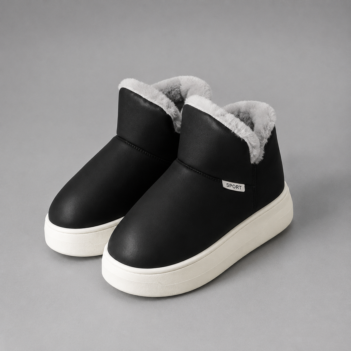 Women’s knee-high wedge snow boots with a smooth PU upper, warm plush lining, round toe, slip-on design, and durable rubber outsole.