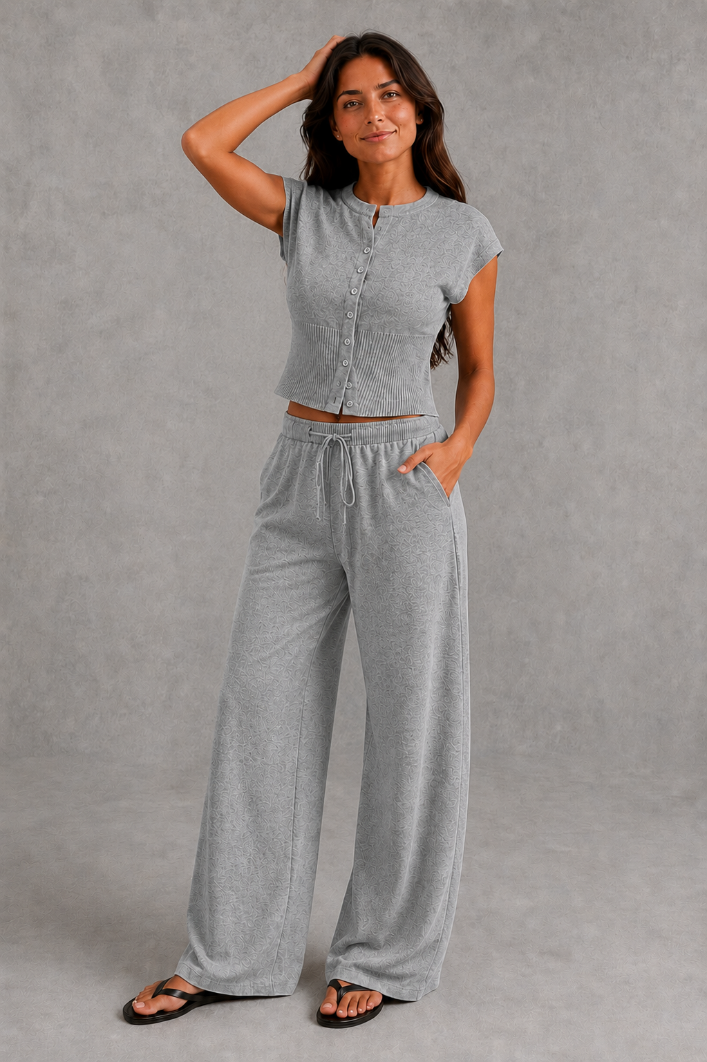 Women’s knit two-piece set featuring a sleeveless button-front top with ribbed waist detailing and matching drawstring wide-leg pants.