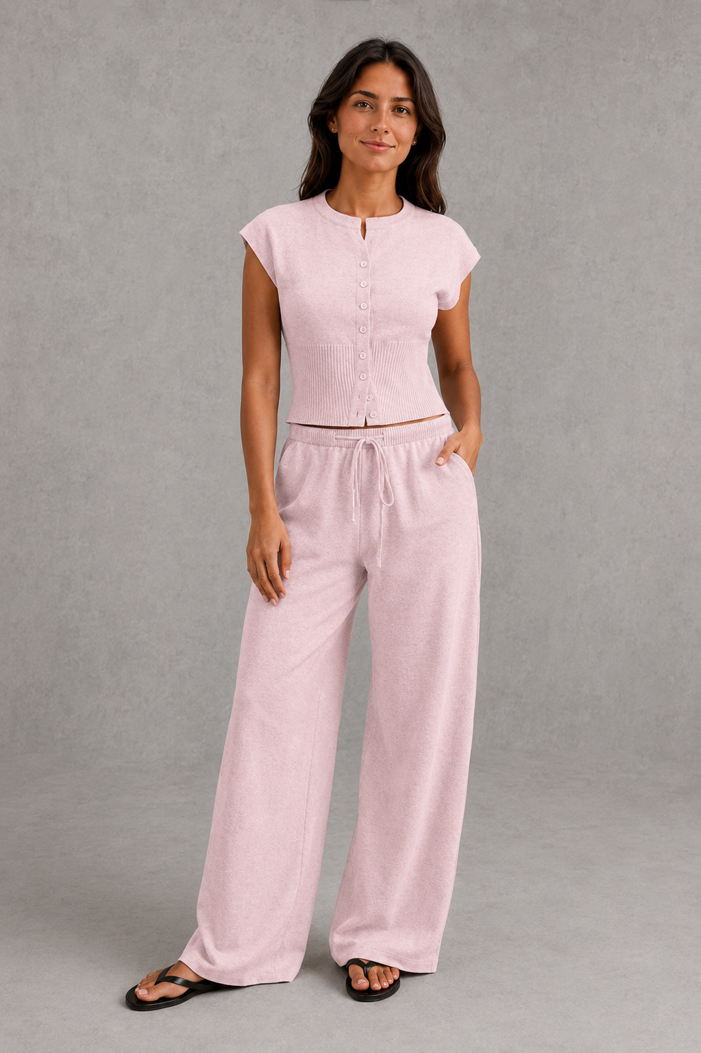 Women’s knit two-piece set featuring a sleeveless button-front top with ribbed waist detailing and matching drawstring wide-leg pants.