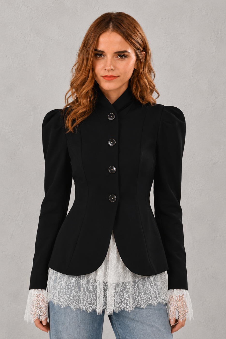 Women's lace single-breasted blazer jacket with a notched lapel, full-length sleeves and regular fit, ideal for office, business and smart casual wear.