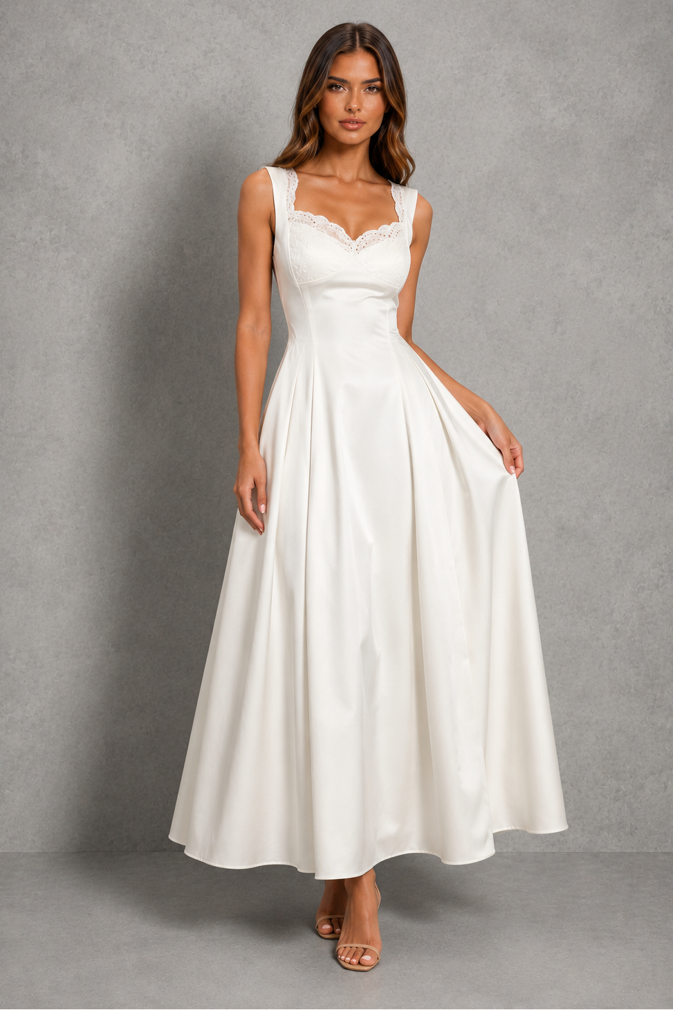 Women’s lace trim satin corset maxi dress with square neckline, sculpted bodice, lace-up back, and flowing A-line skirt.