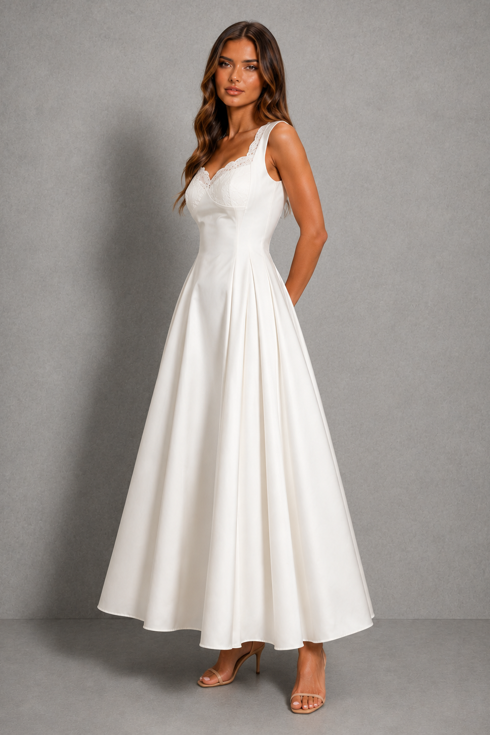 Women’s lace trim satin corset maxi dress with square neckline, sculpted bodice, lace-up back, and flowing A-line skirt.