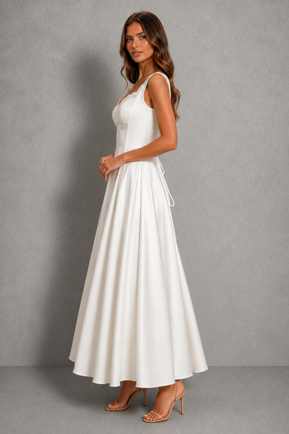 Women’s lace trim satin corset maxi dress with square neckline, sculpted bodice, lace-up back, and flowing A-line skirt.