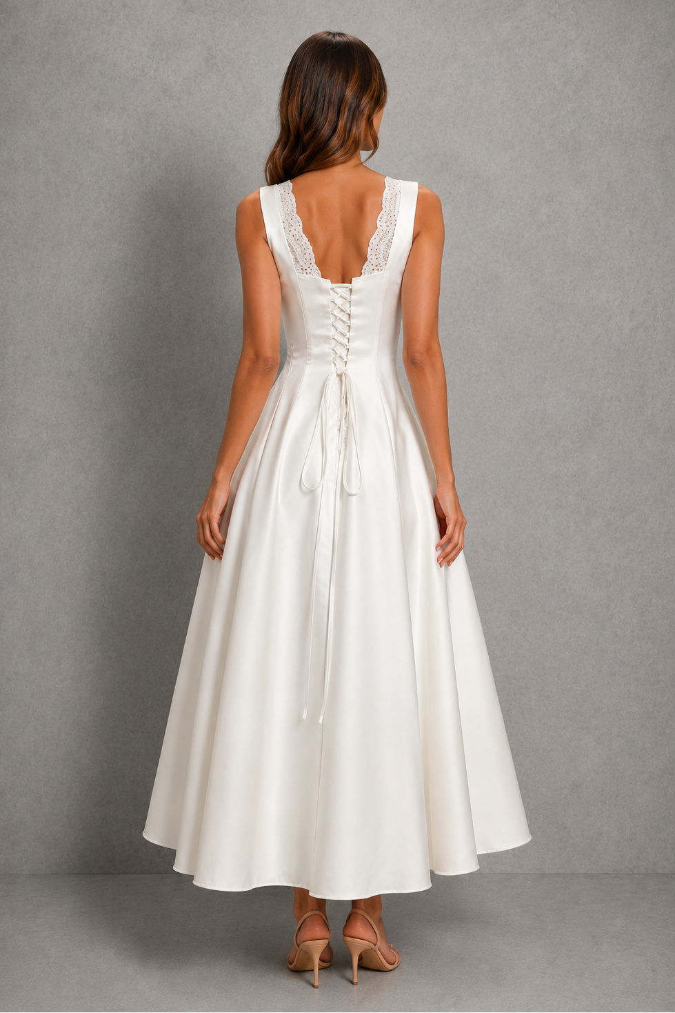 Women’s lace trim satin corset maxi dress with square neckline, sculpted bodice, lace-up back, and flowing A-line skirt.