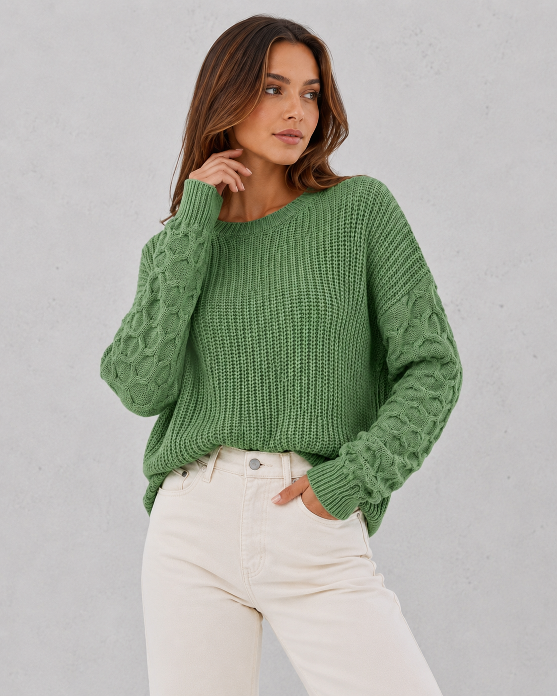 Women's relax fit spring sweater with textured lantern sleeves, soft knit construction, and relaxed silhouette for elegant everyday wear.