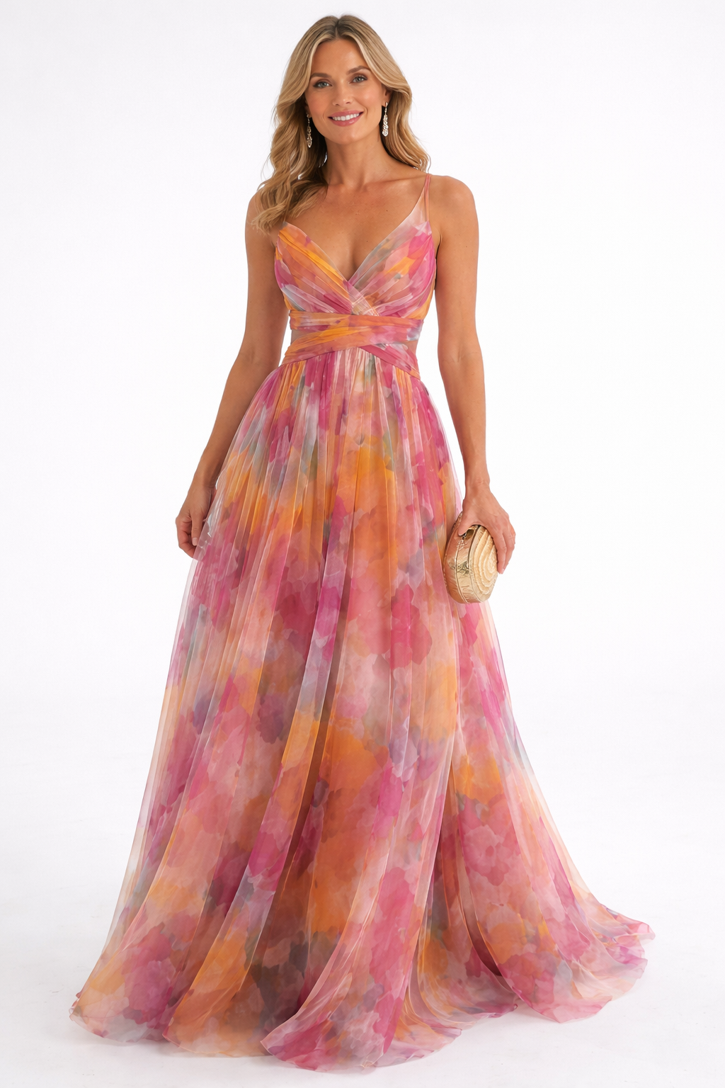 Woman wearing a colorful floral dress on a white background