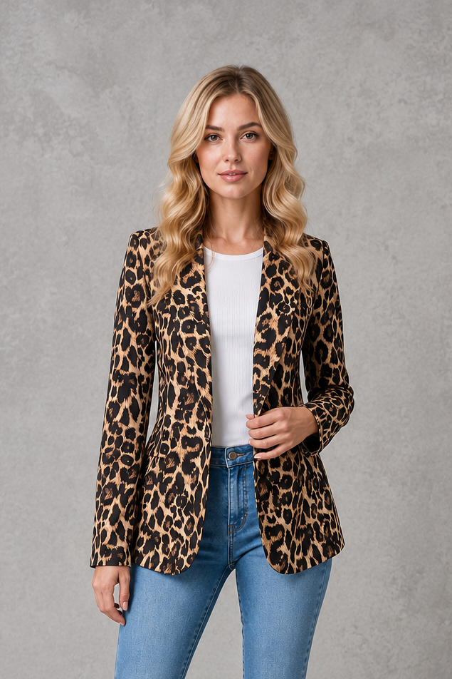 Women’s leopard print blazer with an all-over animal pattern, classic lapel collar, open-front design, lightweight lining, and tailored silhouette.