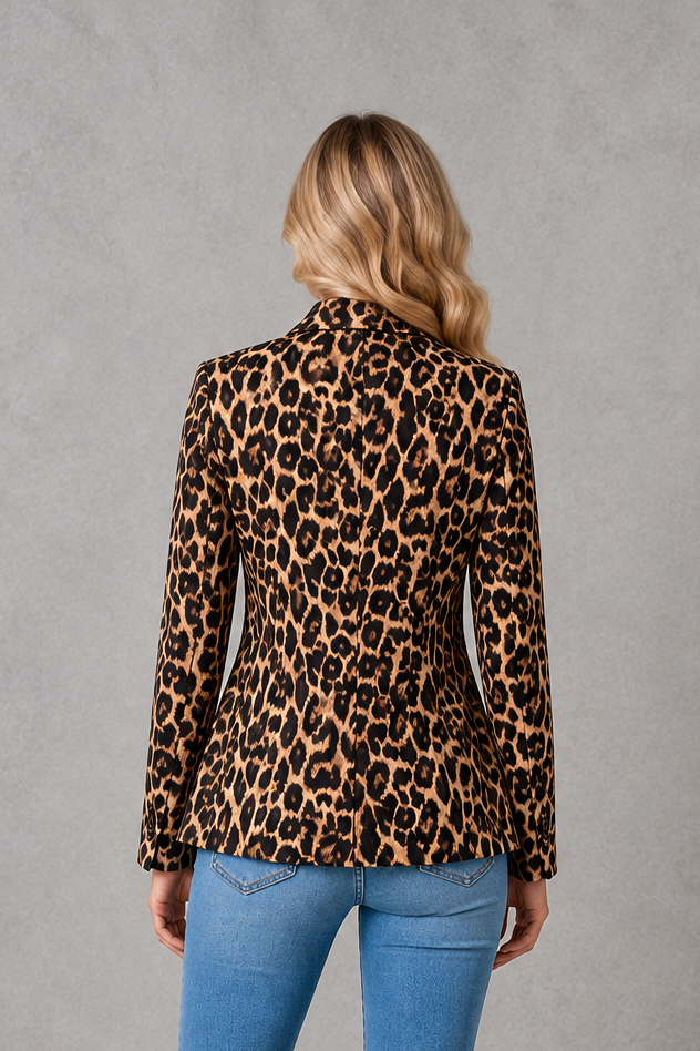 Women’s leopard print blazer with an all-over animal pattern, classic lapel collar, open-front design, lightweight lining, and tailored silhouette.