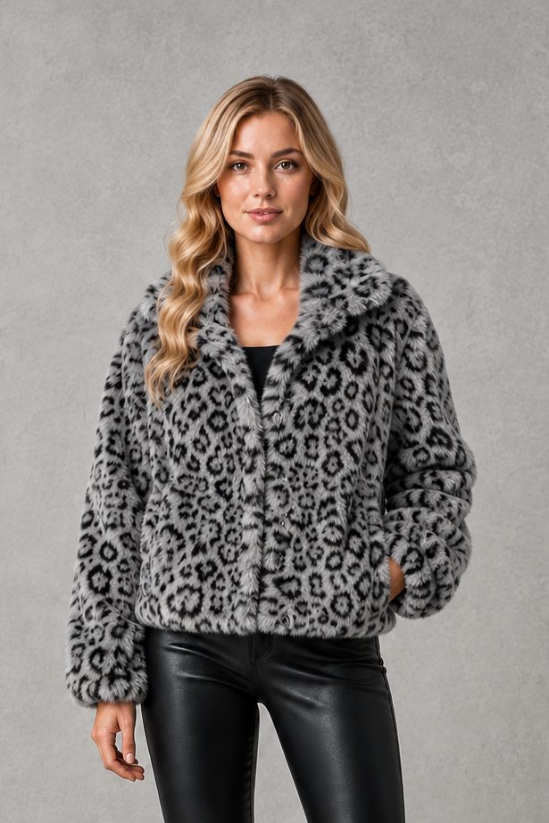 Women’s leopard print faux fur cropped jacket with a soft plush texture, relaxed fit, long sleeves, and bold animal print design.