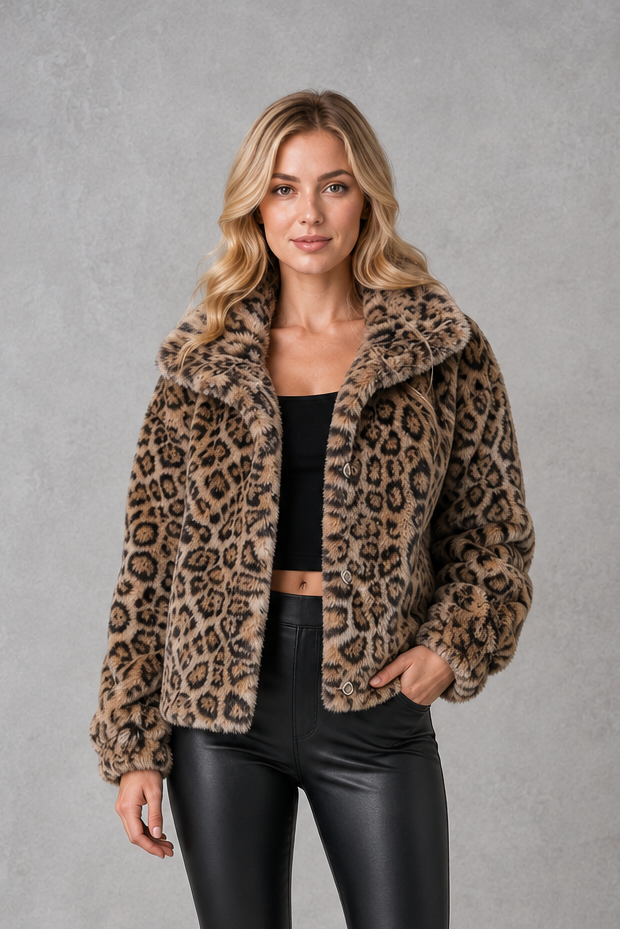 Women’s leopard print faux fur cropped jacket with a soft plush texture, relaxed fit, long sleeves, and bold animal print design.