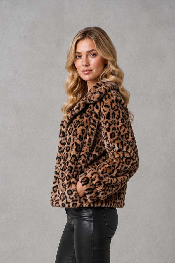 Women’s leopard print faux fur cropped jacket with a soft plush texture, relaxed fit, long sleeves, and bold animal print design.