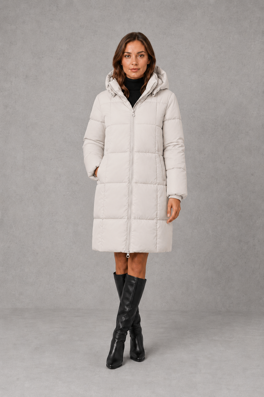 Women’s lightweight hooded puffer coat with quilted insulation, a structured hood and softly tailored silhouette for comfortable cold-weather wear.
