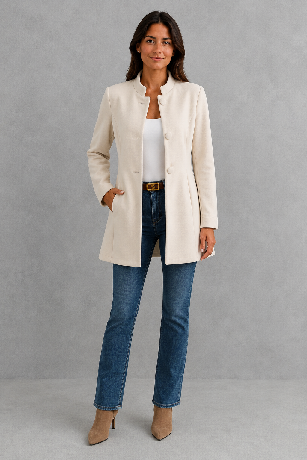Women’s lightweight tailored blazer with a streamlined silhouette, soft flowing fabric, regular fit, and clean minimalist design for professional styling.