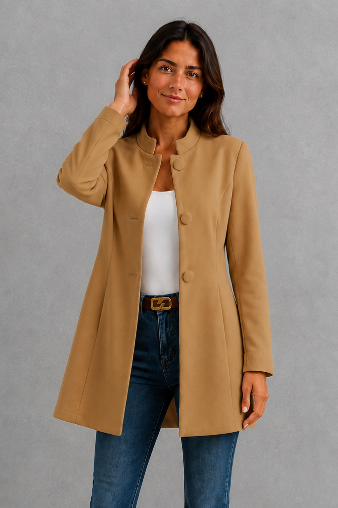 Women’s lightweight tailored blazer with a streamlined silhouette, soft flowing fabric, regular fit, and clean minimalist design for professional styling.