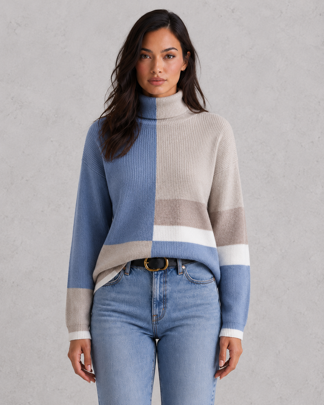 Women's lightweight turtleneck sweater in a soft, breathable knit with a streamlined, feminine silhouette. The minimalist design features a classic turtleneck neckline, long sleeves, and a polished drape that skims the body comfortably. Styled as a versatile wardrobe staple, suitable for layering under blazers or pairing with tailored trousers for an elegant everyday look.