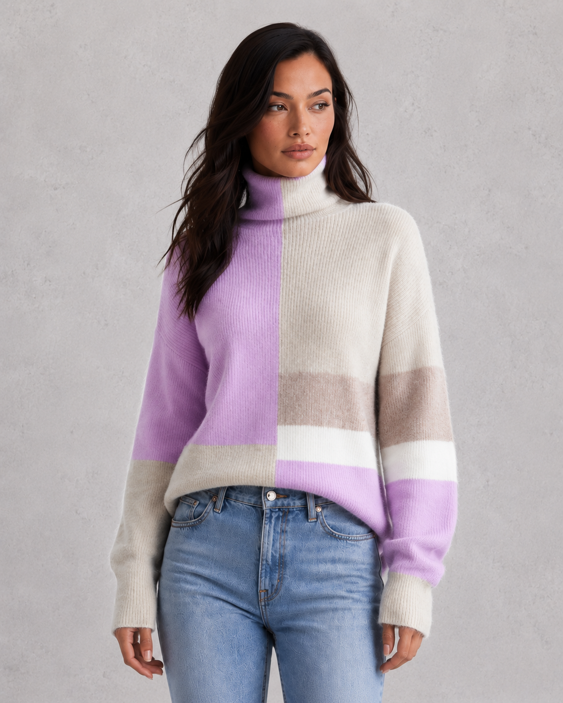 Women's lightweight turtleneck sweater in a soft, breathable knit with a streamlined, feminine silhouette. The minimalist design features a classic turtleneck neckline, long sleeves, and a polished drape that skims the body comfortably. Styled as a versatile wardrobe staple, suitable for layering under blazers or pairing with tailored trousers for an elegant everyday look.