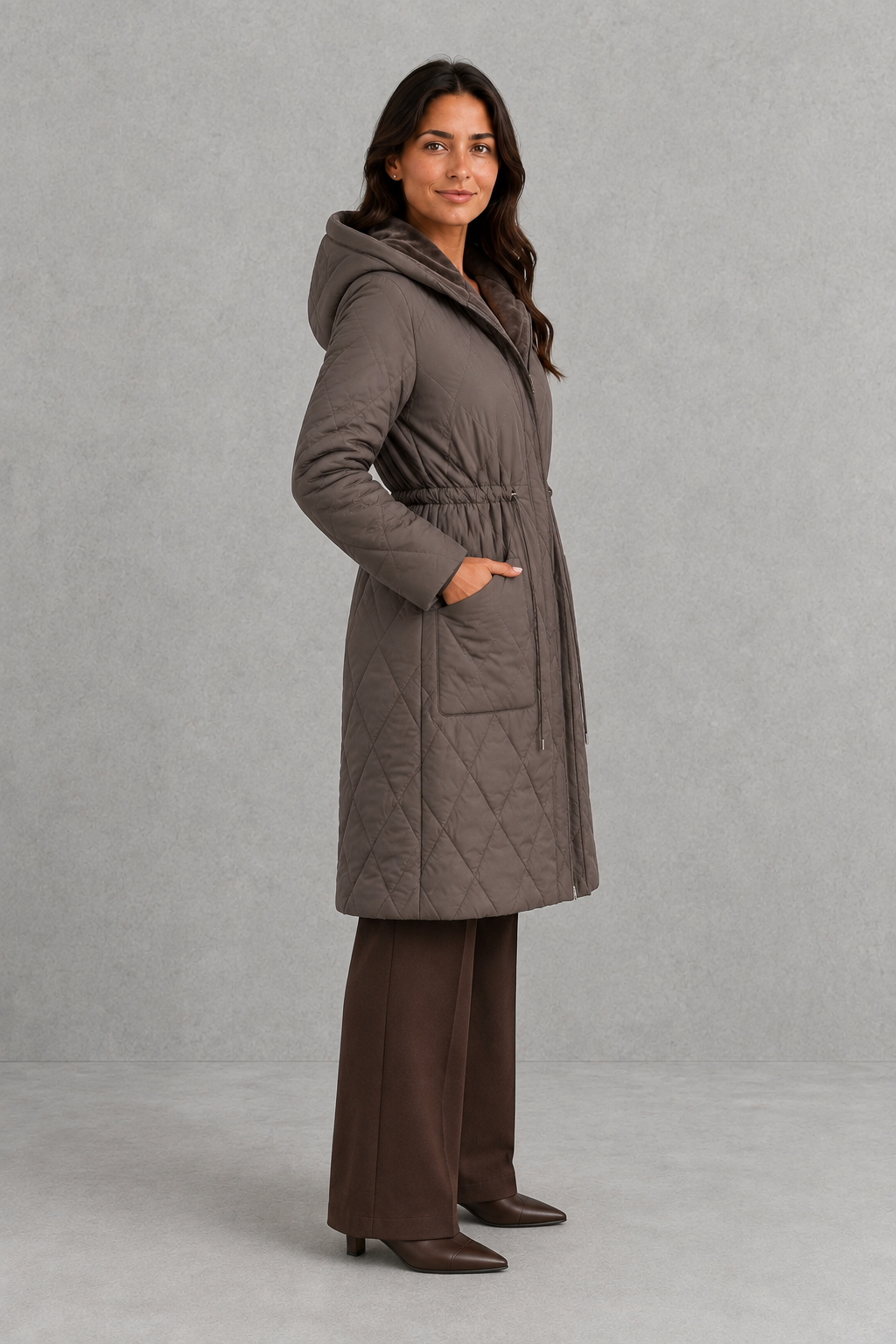 Women’s long quilted puffer coat with diamond stitching, a plush faux fur collar, adjustable drawstring waist and practical front pockets.
