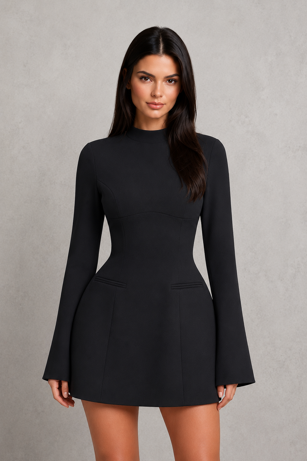 Women's long sleeve mini dress in structured crepe fabric featuring a fitted bodice, high neckline, seam detailing, voluminous bubble skirt, and elegant keyhole back, ideal for parties, celebrations, and special occasions.