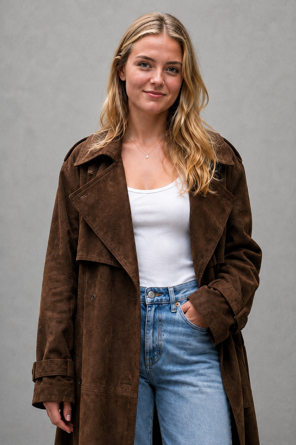 Women’s long velvet trench coat with a soft textured finish, adjustable matching waist belt, elegant longline silhouette, and tailored trench-inspired design.