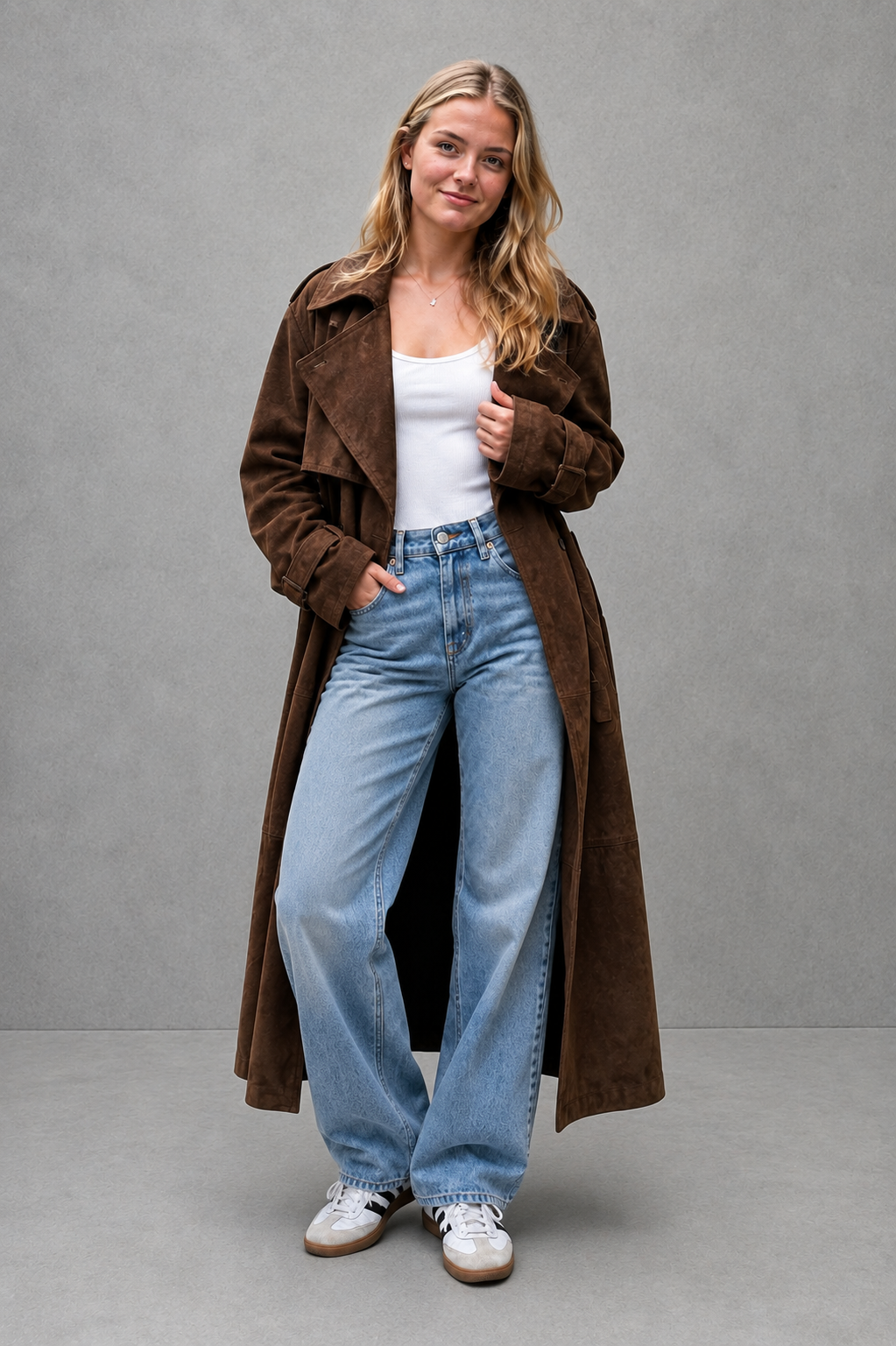 Women’s long velvet trench coat with a soft textured finish, adjustable matching waist belt, elegant longline silhouette, and tailored trench-inspired design.