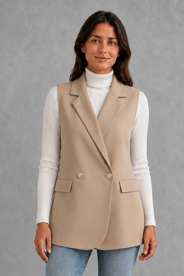 Women’s coffee brown longline blazer vest with notched lapels, a four-button double-breasted front, defined waist and hip flap pockets.
