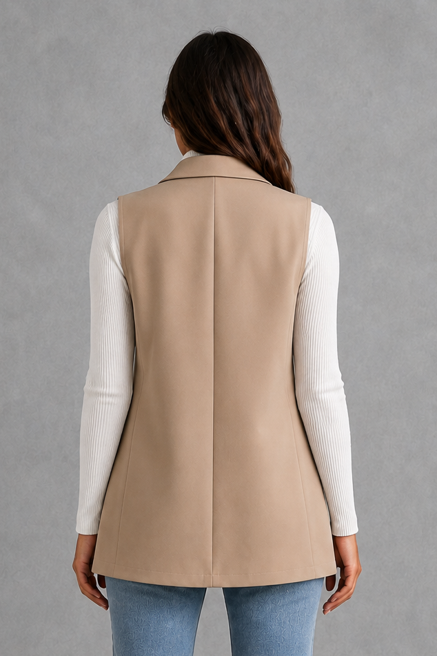 Women’s coffee brown longline blazer vest with notched lapels, a four-button double-breasted front, defined waist and hip flap pockets.