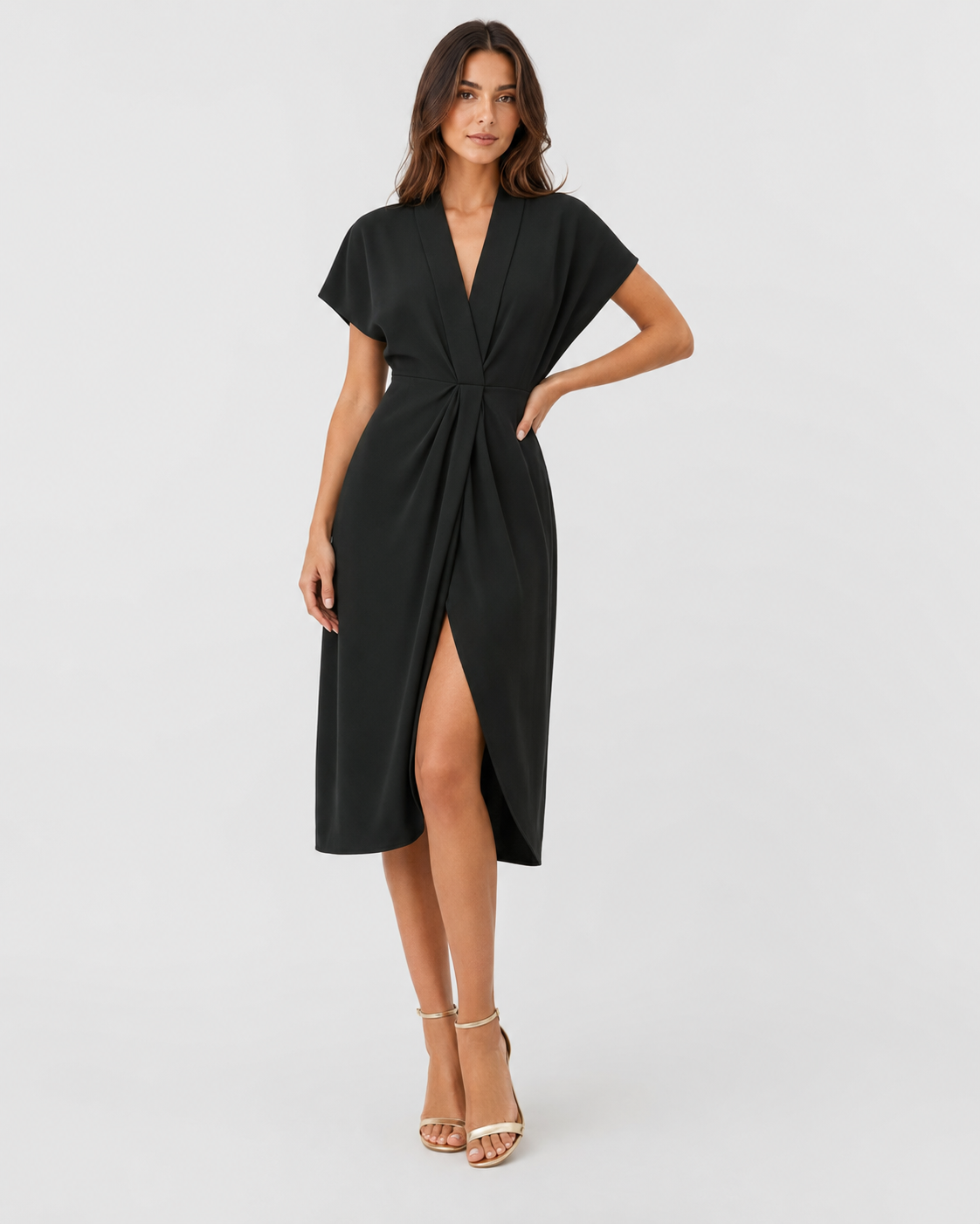 Women's luxe wrap midi dress in premium soft fabric with a flattering wrap silhouette that cinches the waist and flows gracefully below the knee, creating an elegant and sophisticated look for special occasions or everyday wear.