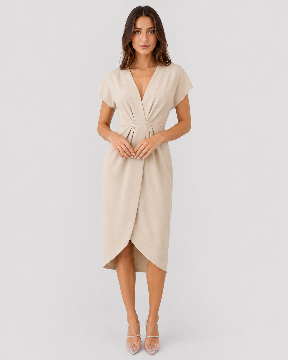 Women's luxe wrap midi dress in premium soft fabric with a flattering wrap silhouette that cinches the waist and flows gracefully below the knee, creating an elegant and sophisticated look for special occasions or everyday wear.