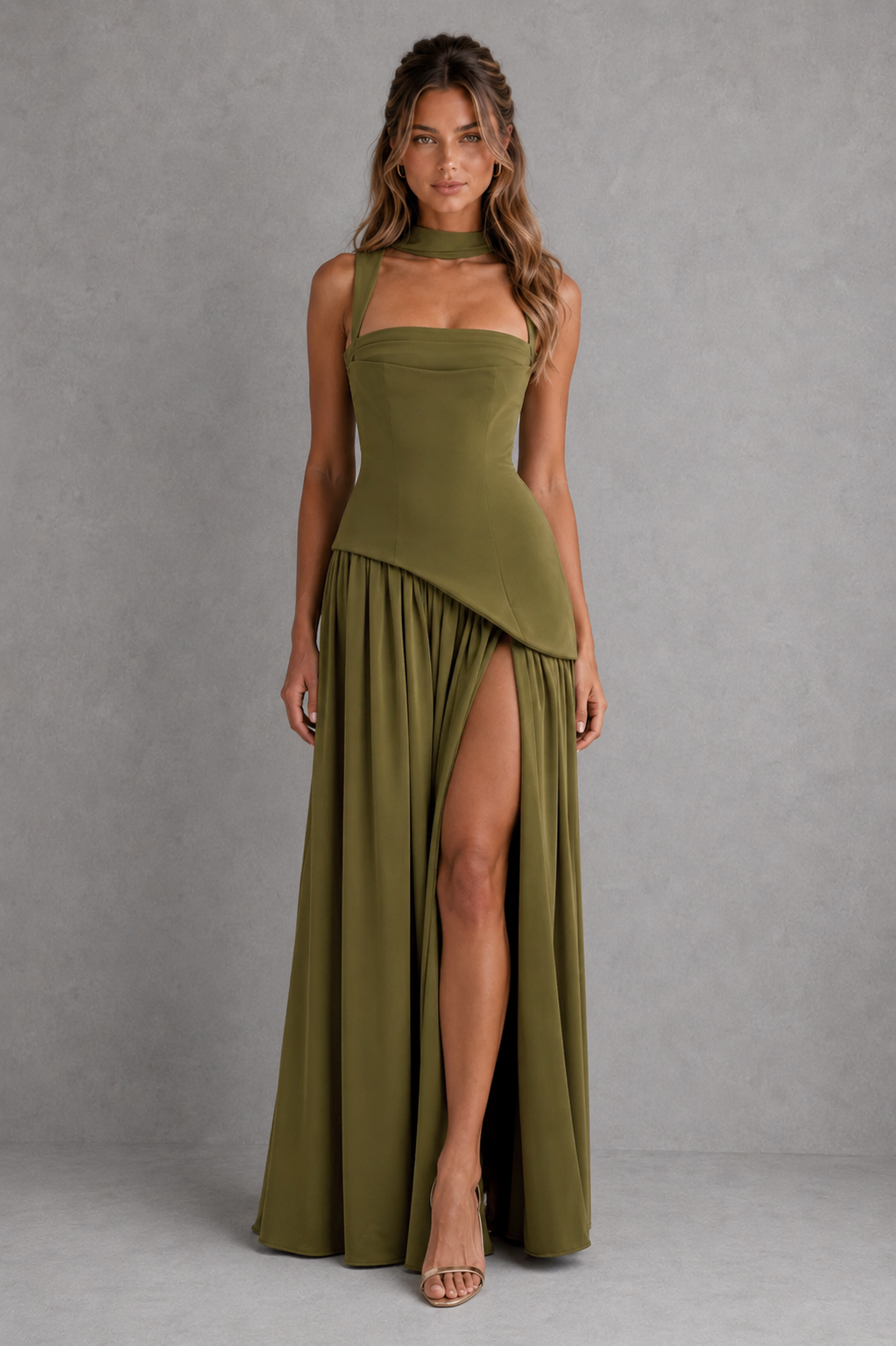 Women's satin-feel maxi dress featuring a sculpted bodice, asymmetric draped skirt, and elegant side split, designed for weddings, evening events, and formal occasions.