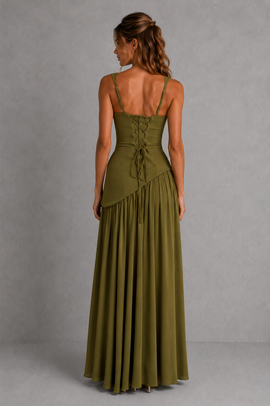 Women's satin-feel maxi dress featuring a sculpted bodice, asymmetric draped skirt, and elegant side split, designed for weddings, evening events, and formal occasions.