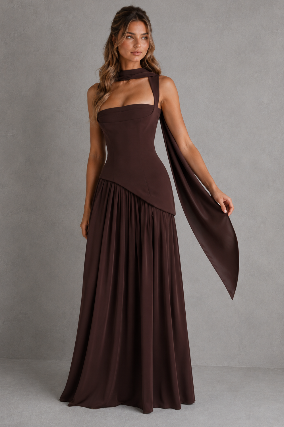 Women's satin-feel maxi dress featuring a sculpted bodice, asymmetric draped skirt, and elegant side split, designed for weddings, evening events, and formal occasions.