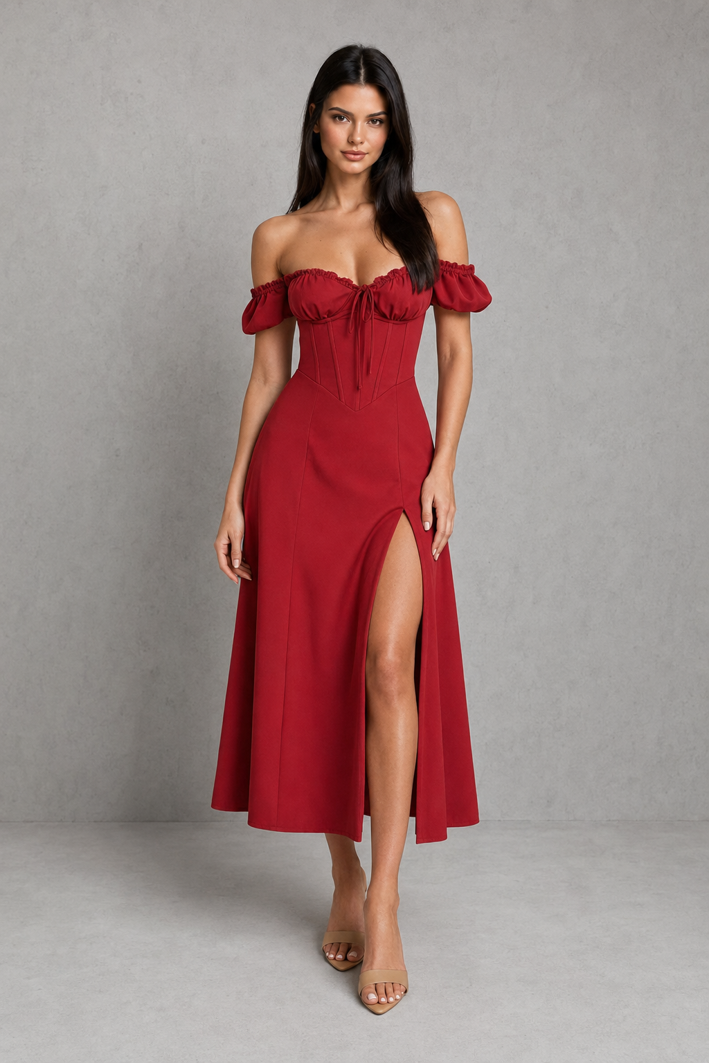 Elegant milkmaid midi dress in a premium cotton blend featuring a structured corset bodice with boning, underwired bust, elasticated puff sleeves, a flowing full skirt, and a thigh-high split. Designed with a shirred lace-up back for a flattering, feminine silhouette perfect for special occasions.