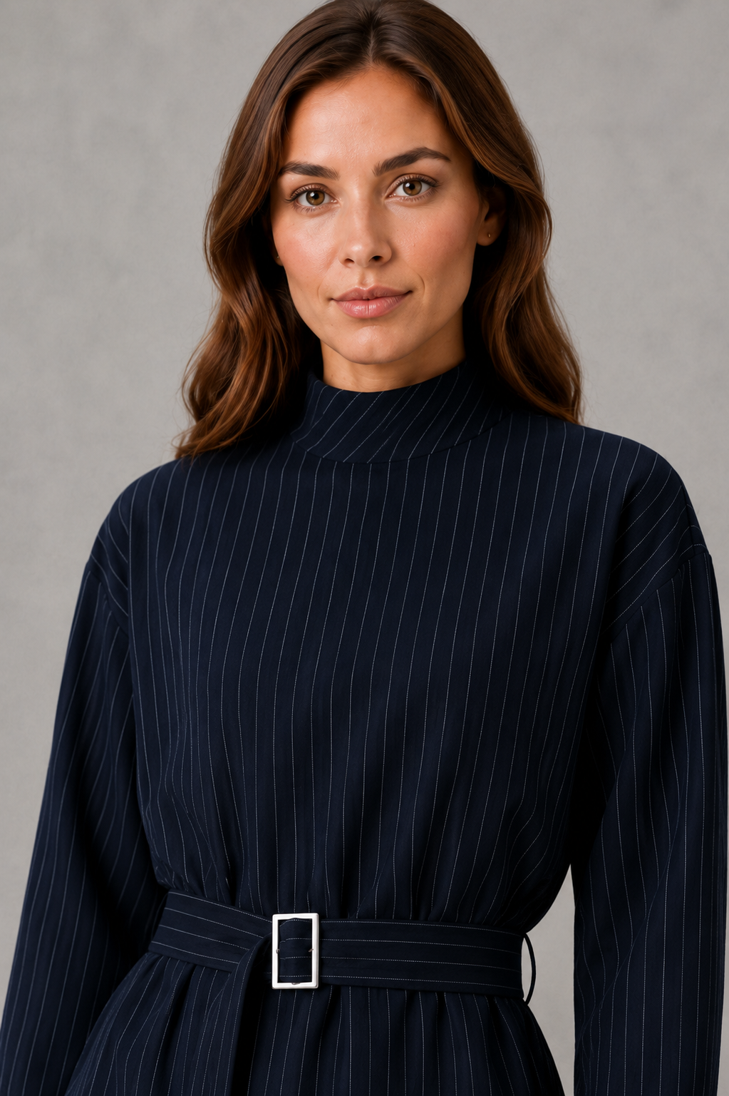 Women’s navy pinstripe two-piece set featuring a long-sleeve high-neck top with a belted waist and matching wide-leg pants.