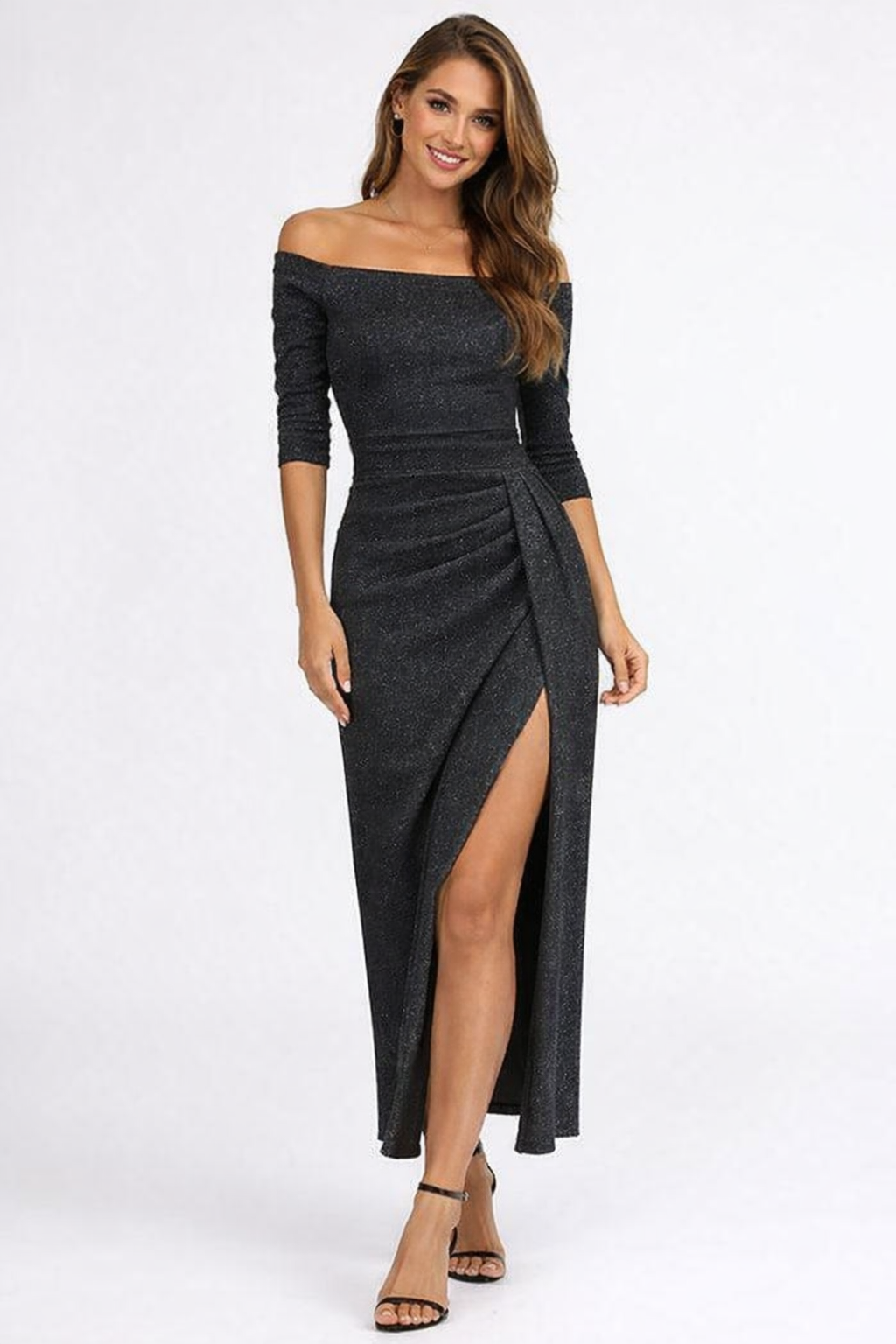 black midi off shoulder dress Women's Off-Shoulder Ruched Midi Dress
