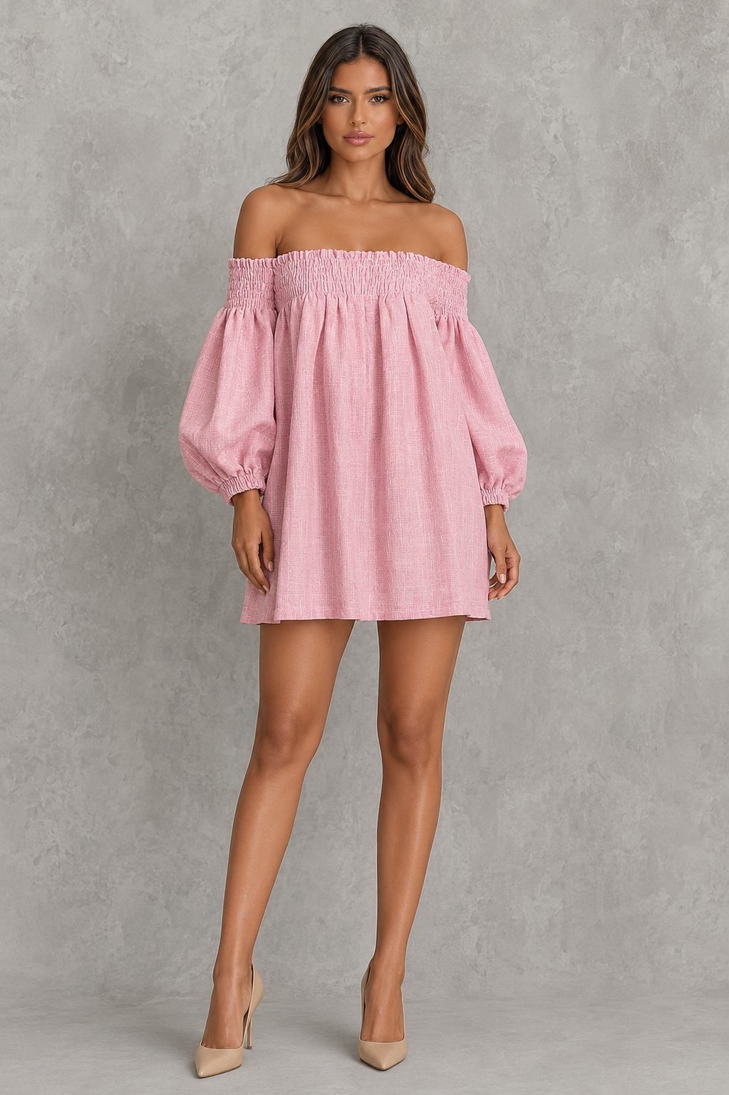 Women's off shoulder faux linen mini dress with elastic neckline, lantern sleeves, relaxed A-line silhouette, and lightweight breathable fabric for casual summer wear.