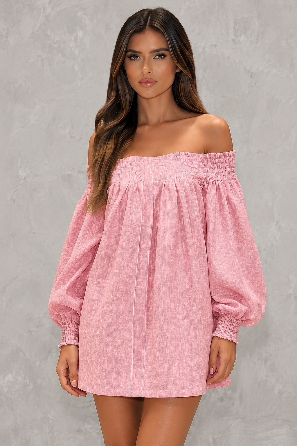 Women's off shoulder faux linen mini dress with elastic neckline, lantern sleeves, relaxed A-line silhouette, and lightweight breathable fabric for casual summer wear.