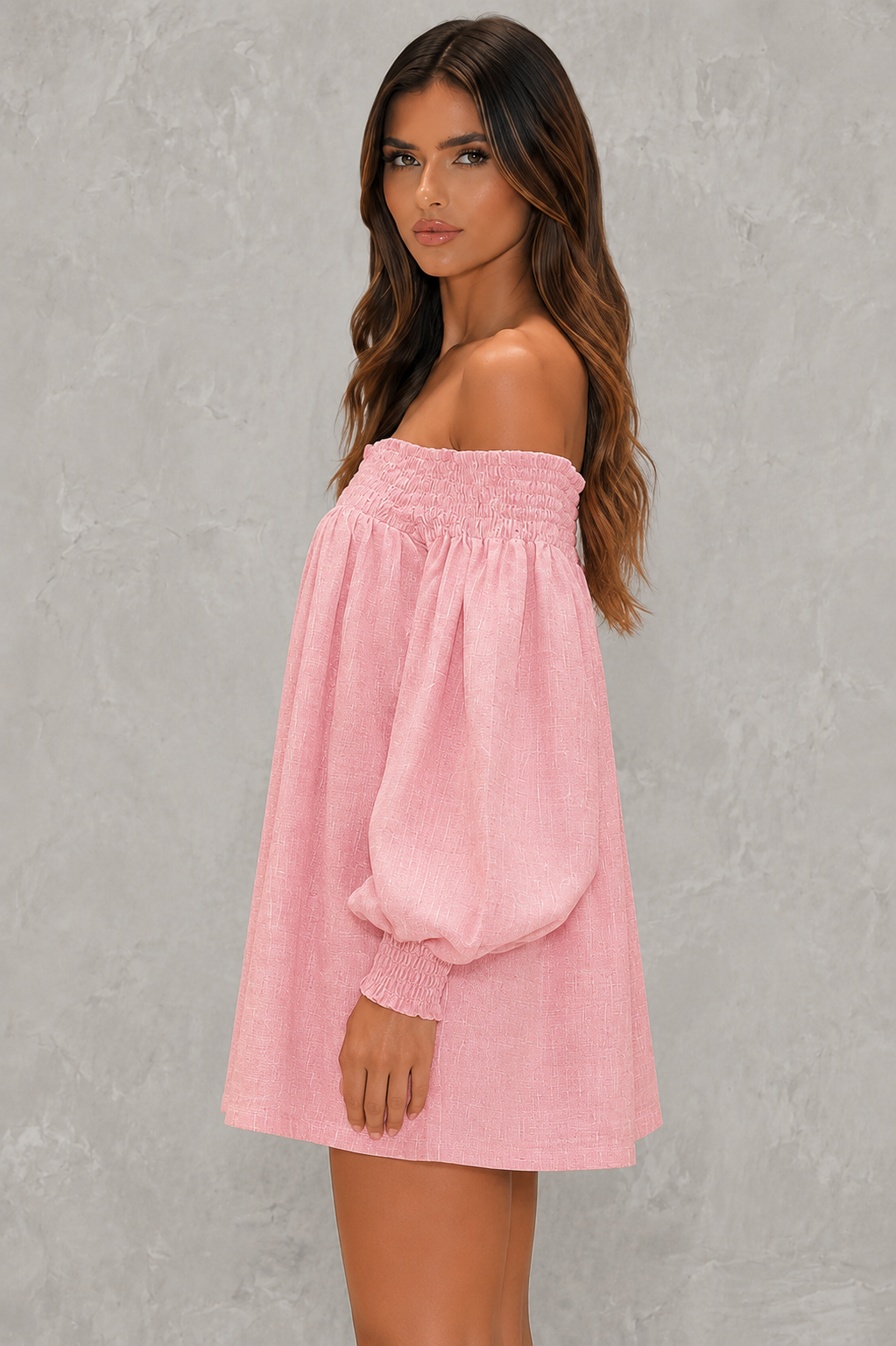 Women's off shoulder faux linen mini dress with elastic neckline, lantern sleeves, relaxed A-line silhouette, and lightweight breathable fabric for casual summer wear.