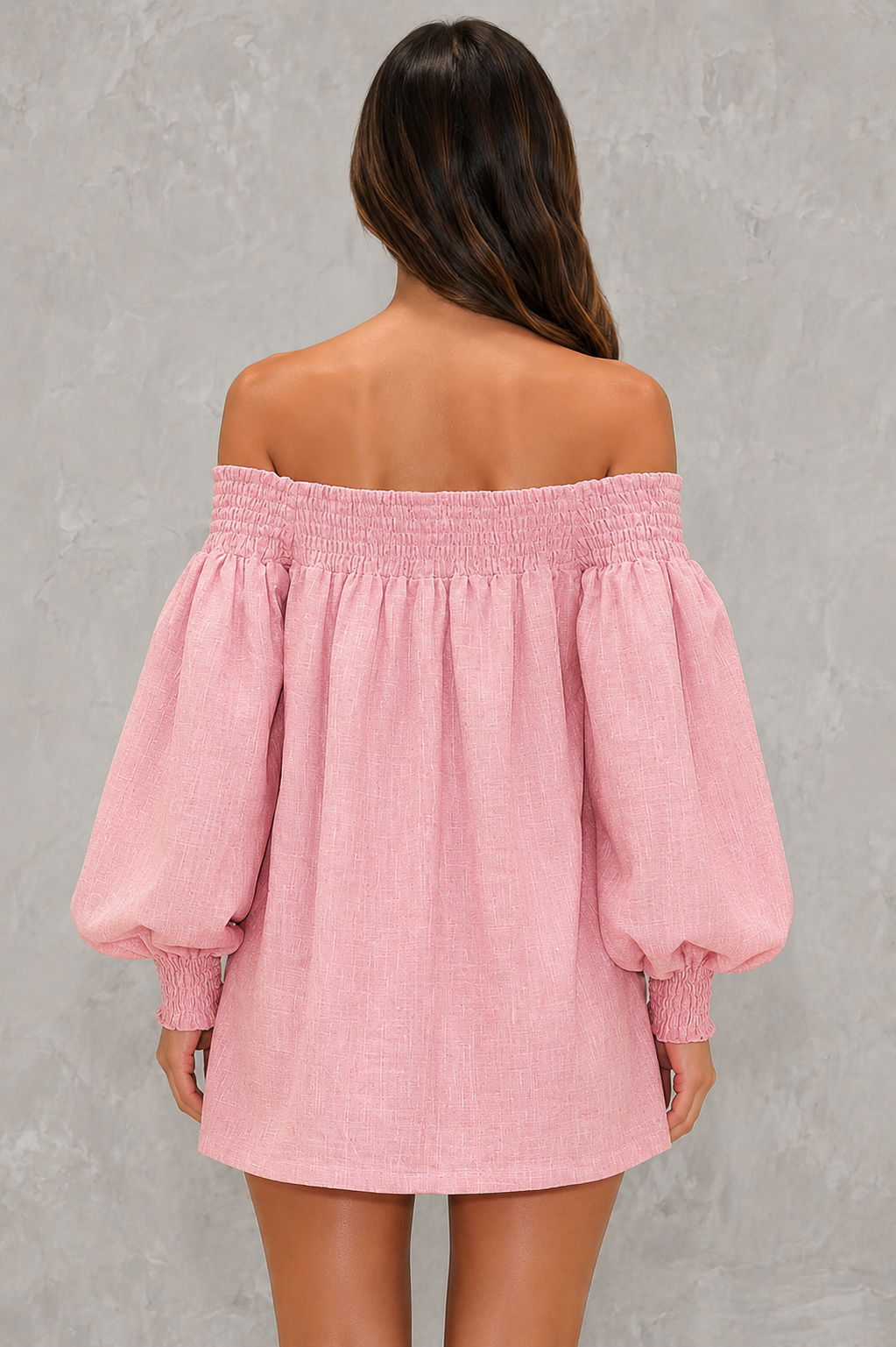 Women's off shoulder faux linen mini dress with elastic neckline, lantern sleeves, relaxed A-line silhouette, and lightweight breathable fabric for casual summer wear.