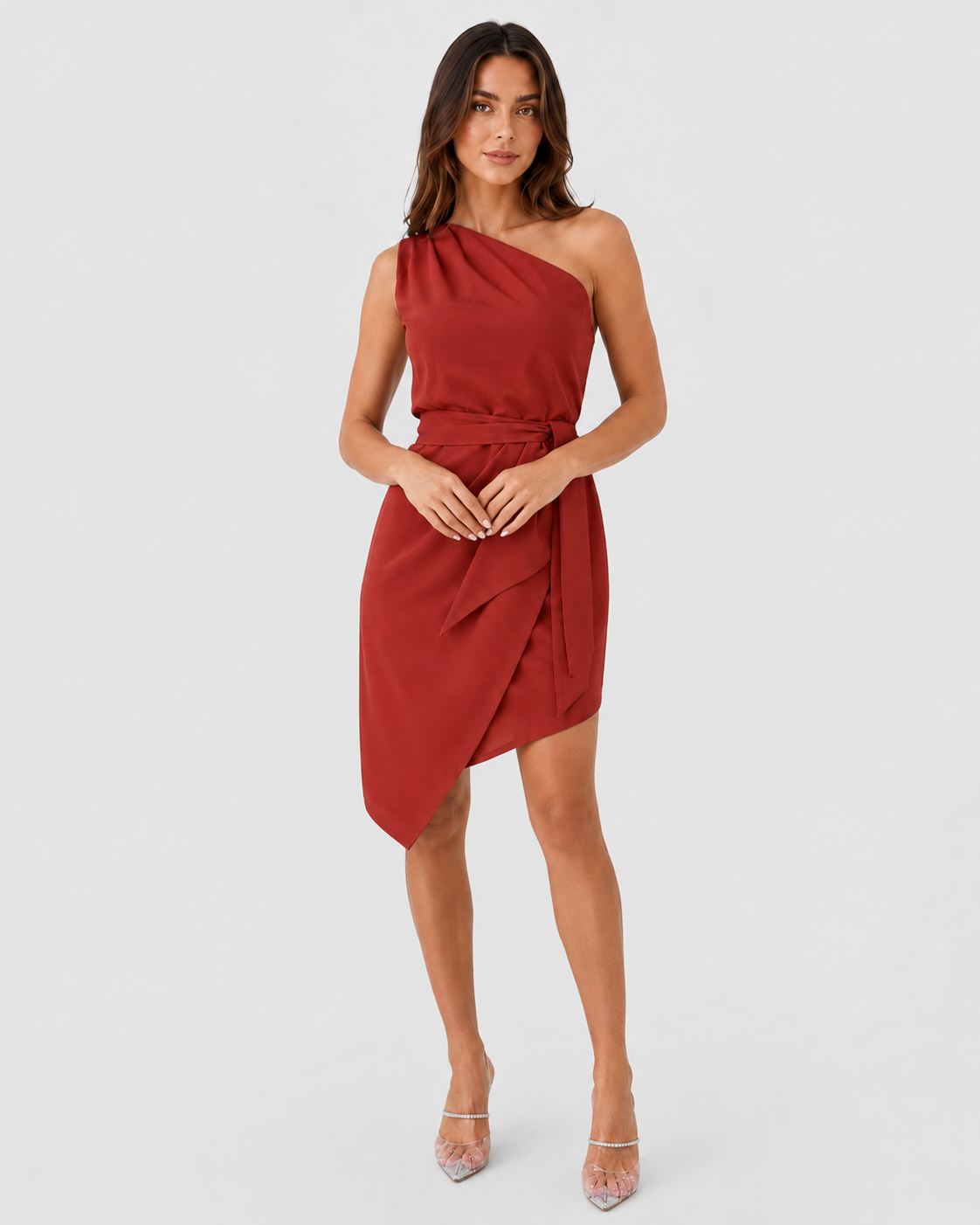 Shop the Women’s One-Shoulder Dress with Waistband featuring an elegant asymmetrical design, flattering waistband, and comfortable fit. Perfect for weddings, galas, and cocktail parties. Sizes S–2XL.