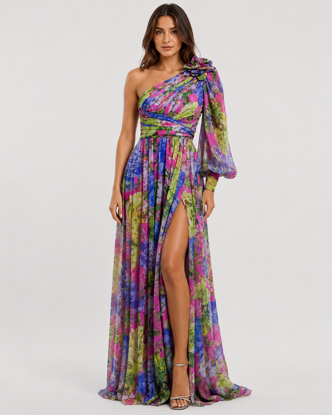 Women wearing Klyne Studios one shoulder floral midi dress with a flowy relaxed fit, lightweight breathable fabric, asymmetrical neckline, and elegant floral print for warm-weather events and casual outings.