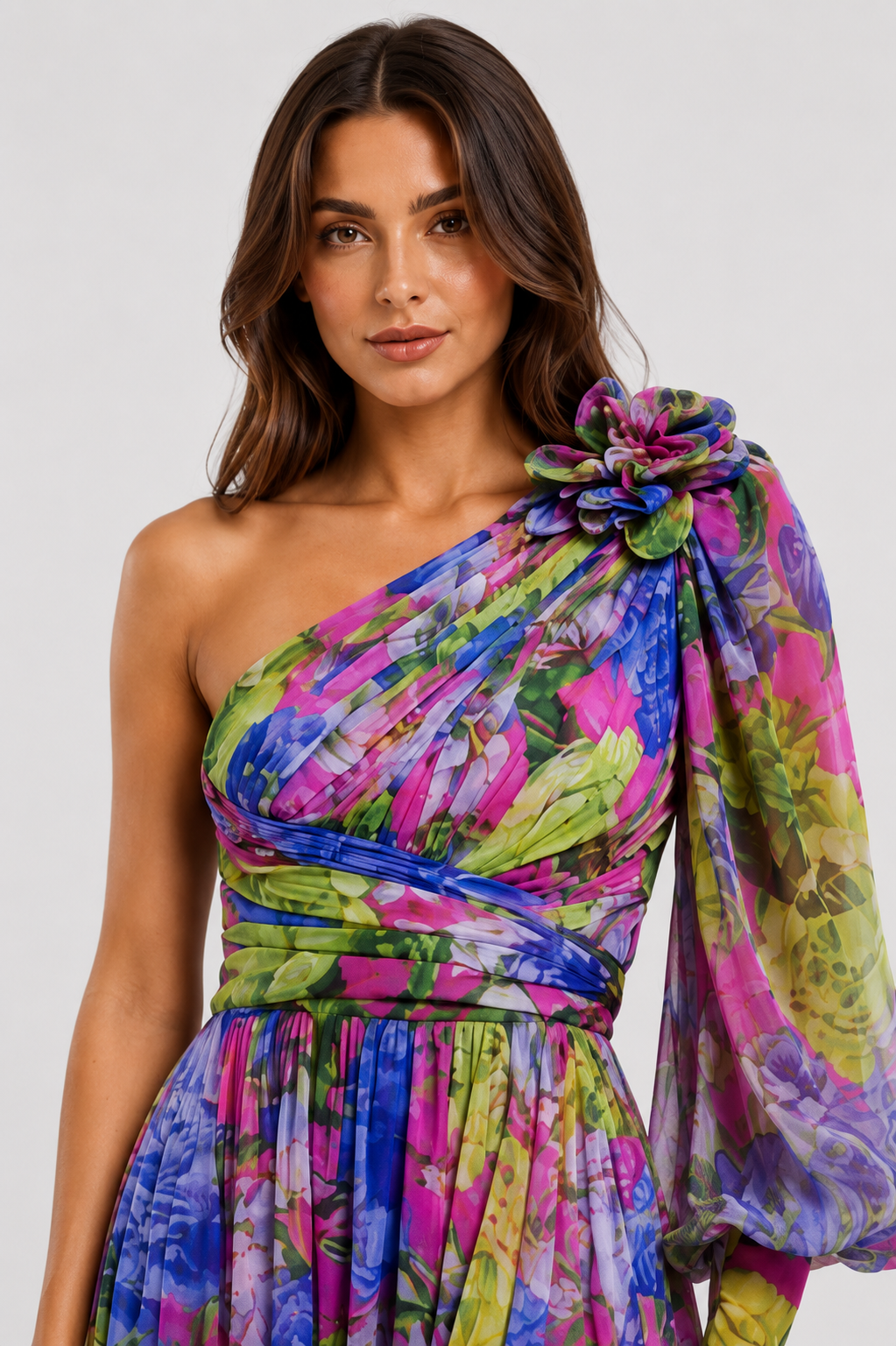 Women wearing Klyne Studios one shoulder floral midi dress with a flowy relaxed fit, lightweight breathable fabric, asymmetrical neckline, and elegant floral print for warm-weather events and casual outings.