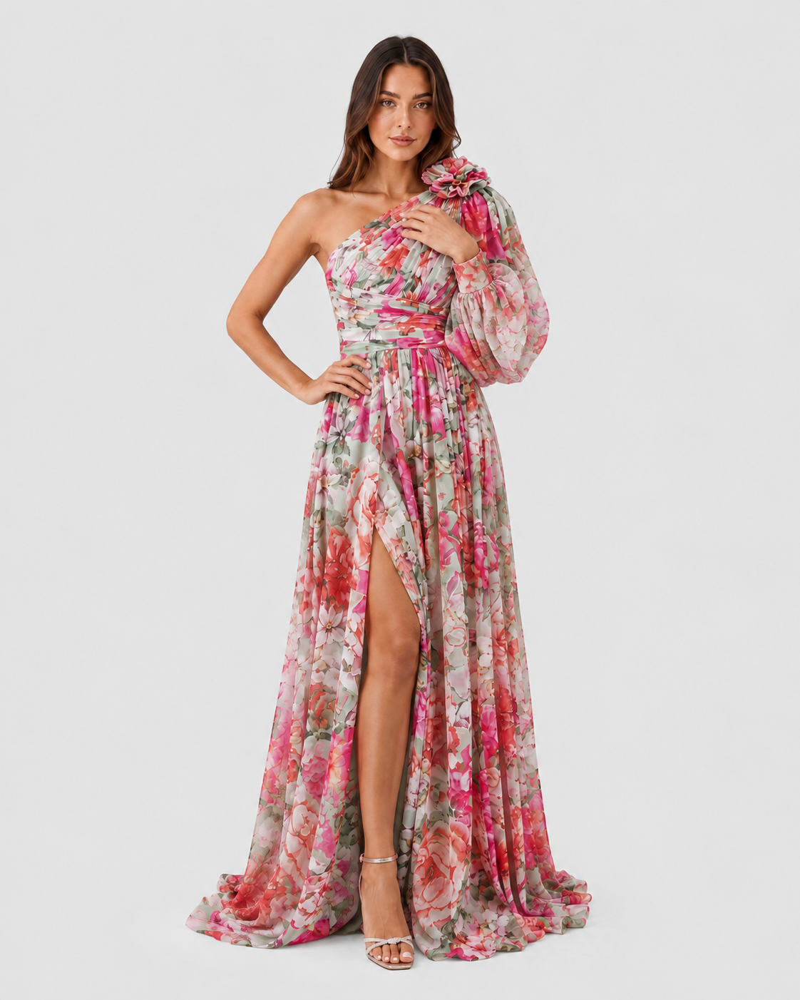 Women wearing Klyne Studios one shoulder floral midi dress with a flowy relaxed fit, lightweight breathable fabric, asymmetrical neckline, and elegant floral print for warm-weather events and casual outings.