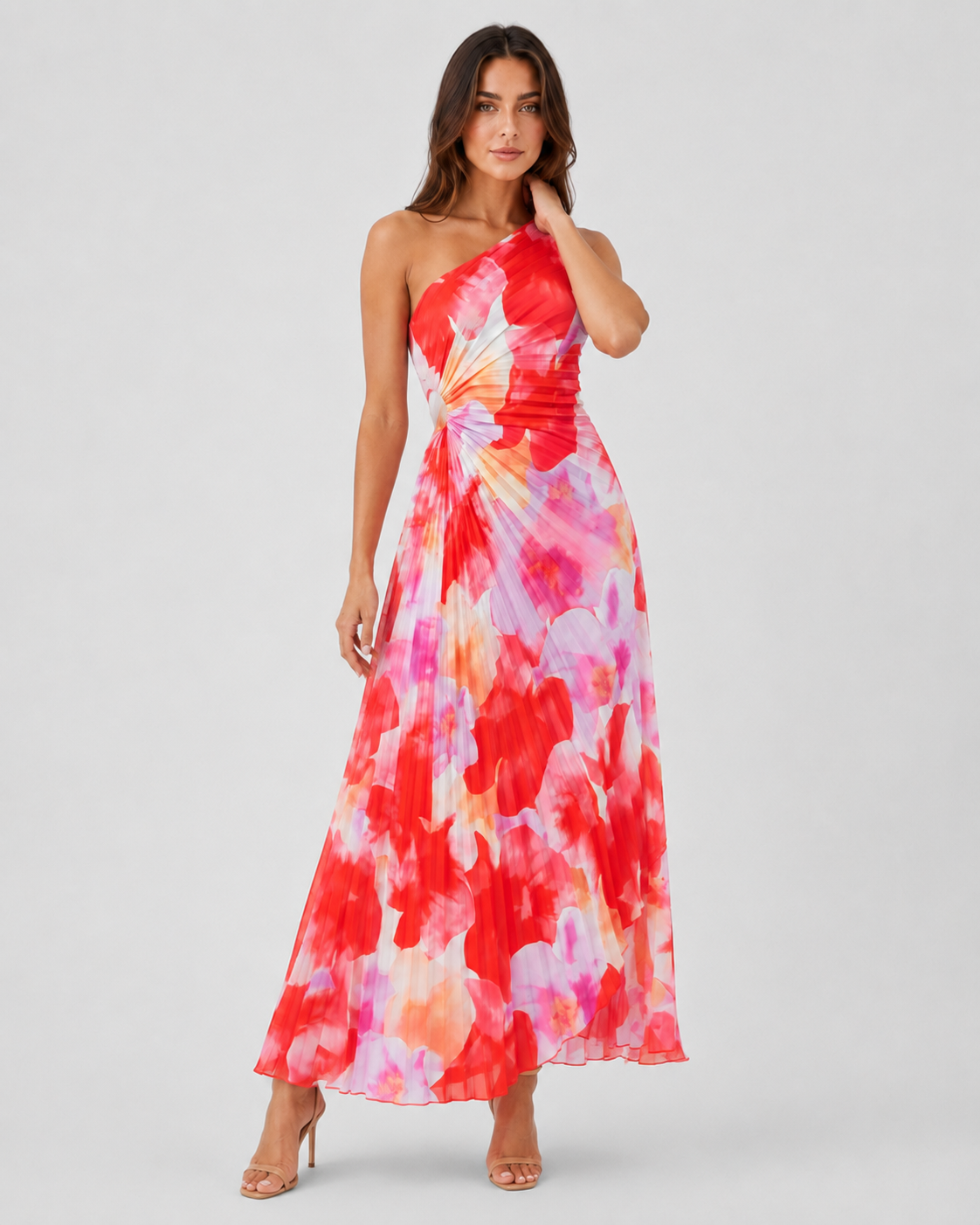 Women's one shoulder pleated asymmetrical maxi dress with a flowy silhouette, lightweight fabric, and elegant draped design, ideal for summer events, holidays, dinners, and special occasions.