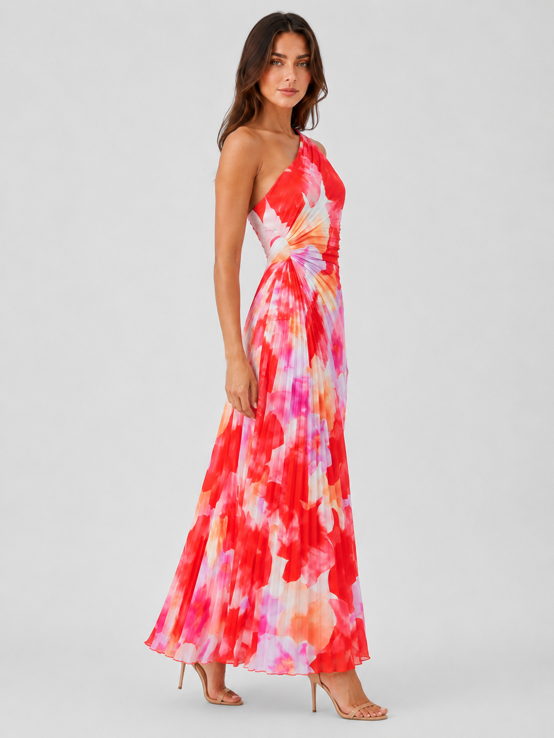 Women's one shoulder pleated asymmetrical maxi dress with a flowy silhouette, lightweight fabric, and elegant draped design, ideal for summer events, holidays, dinners, and special occasions.