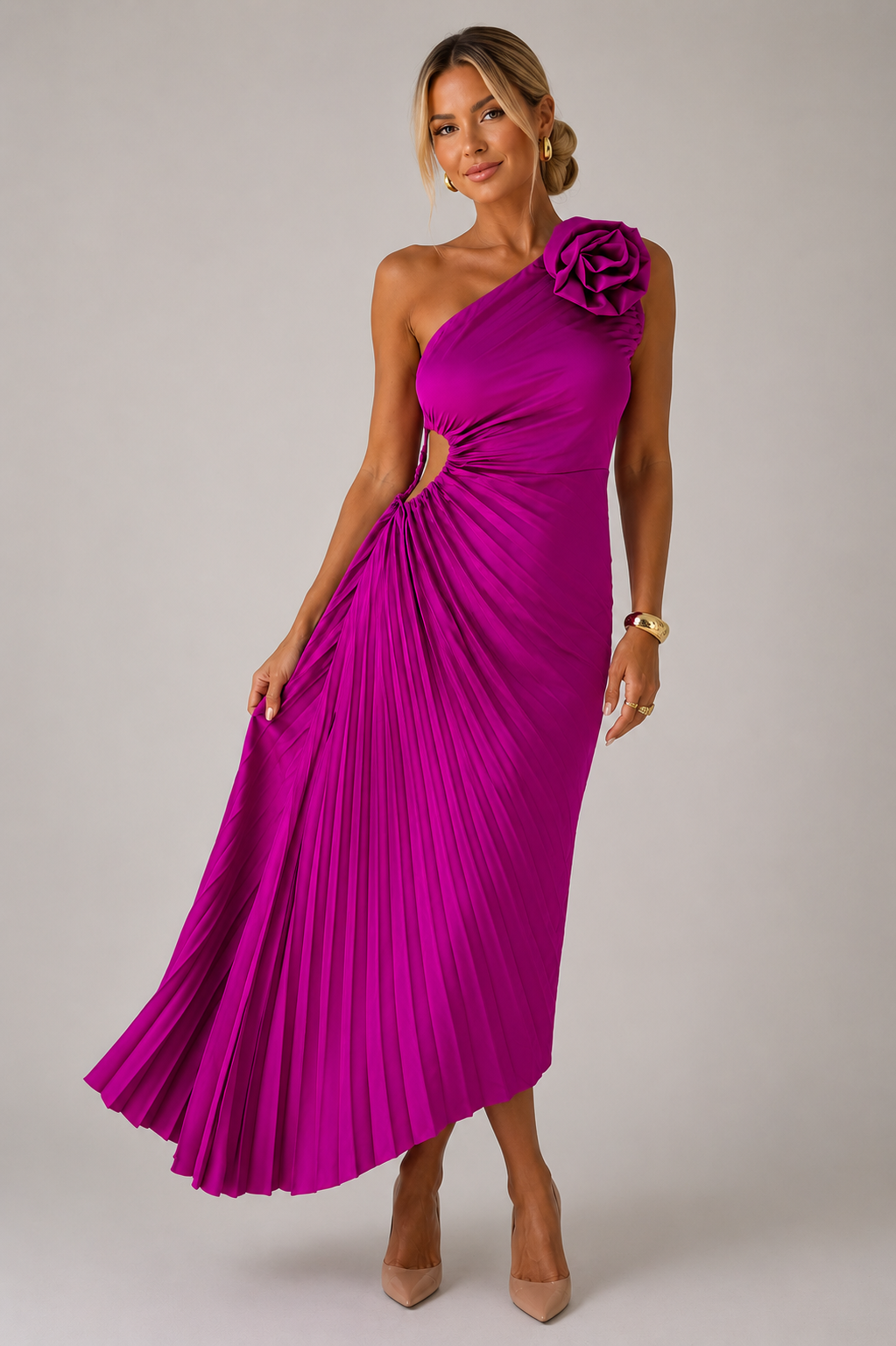 Women's one shoulder pleated maxi cocktail dress featuring an asymmetrical neckline, flowing silhouette, and lightweight pleated fabric for elegant movement and versatile occasion wear.