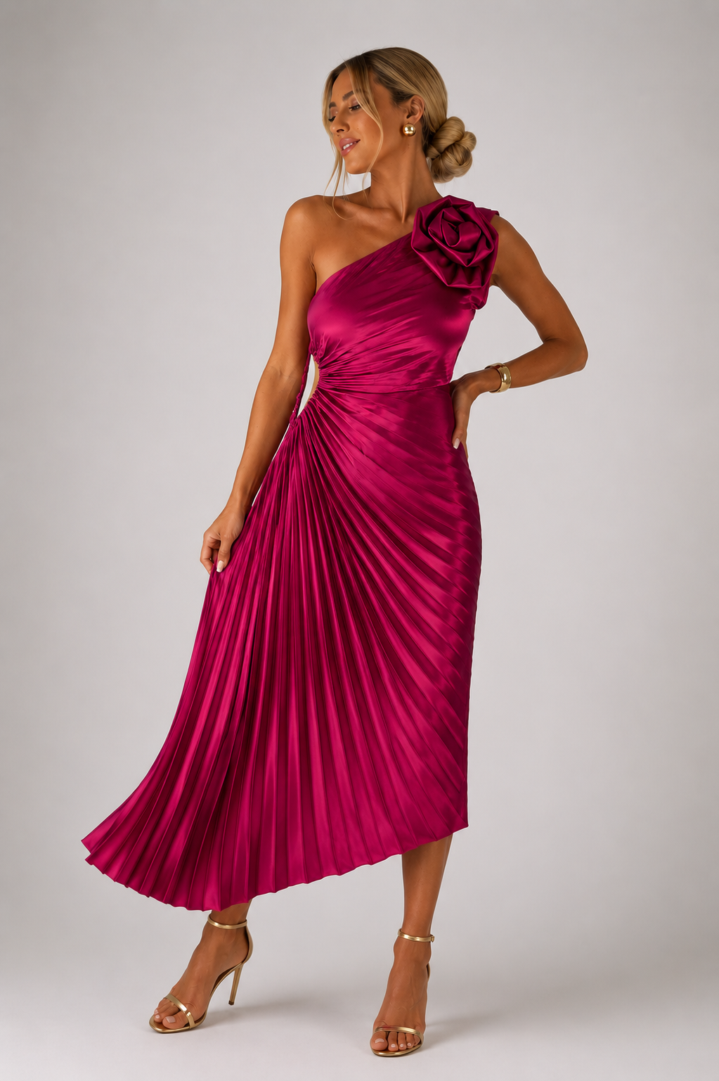 Women's one shoulder pleated maxi cocktail dress featuring an asymmetrical neckline, flowing silhouette, and lightweight pleated fabric for elegant movement and versatile occasion wear.