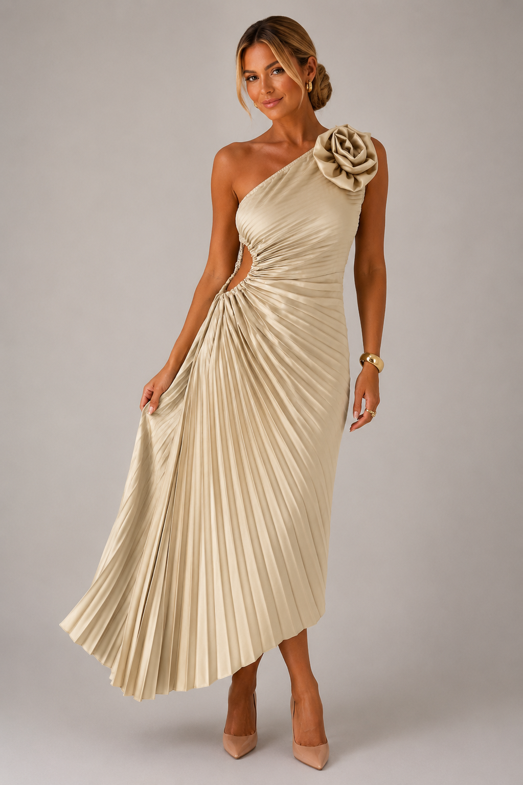 Women's one shoulder pleated maxi cocktail dress featuring an asymmetrical neckline, flowing silhouette, and lightweight pleated fabric for elegant movement and versatile occasion wear.