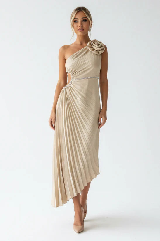 Women's one shoulder pleated maxi cocktail dress featuring an asymmetrical neckline, flowing silhouette, and lightweight pleated fabric for elegant movement and versatile occasion wear.