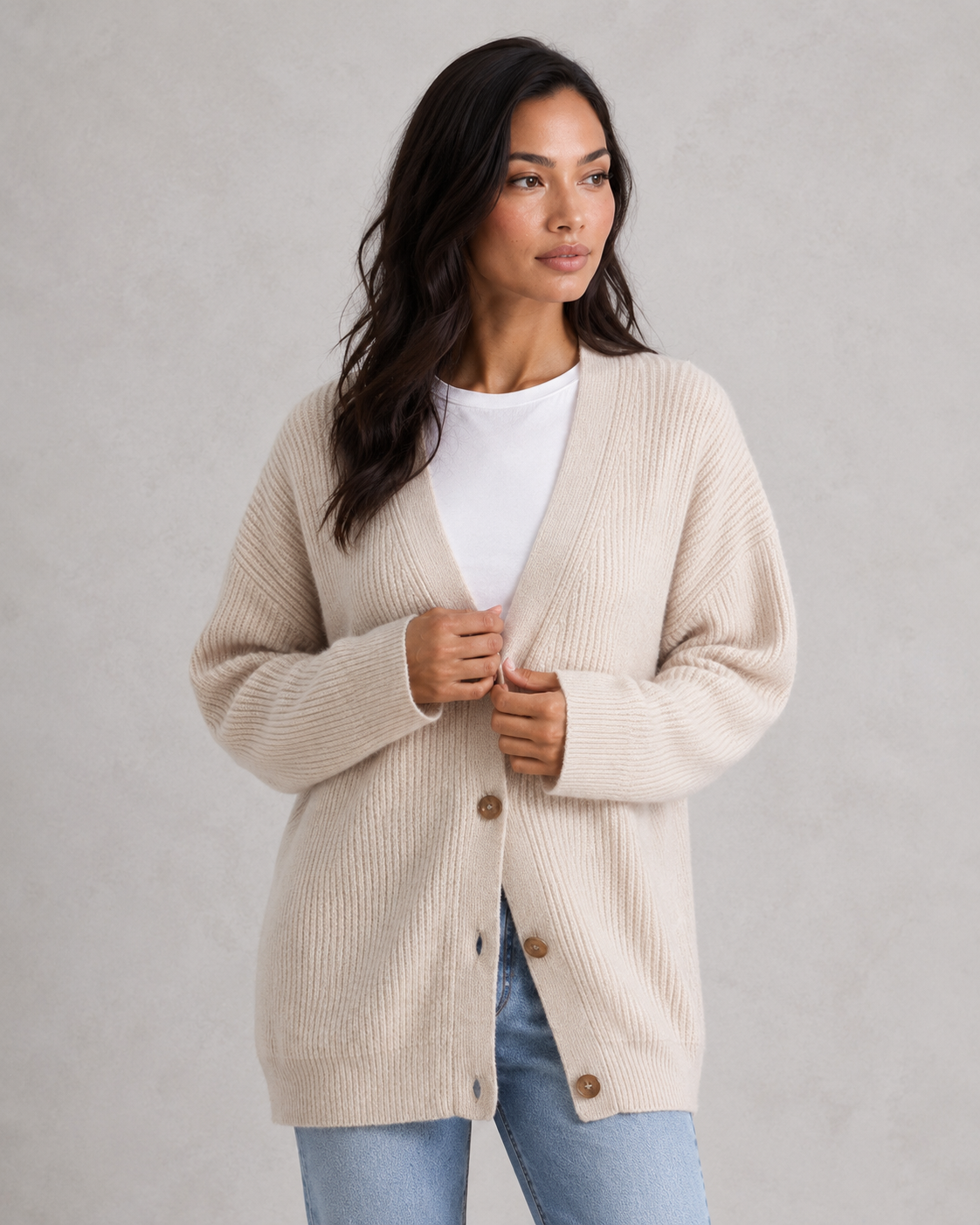 Women's oversized cocoon cardigan in soft lightweight knit with relaxed draped silhouette for effortless layering and casual chic styling.